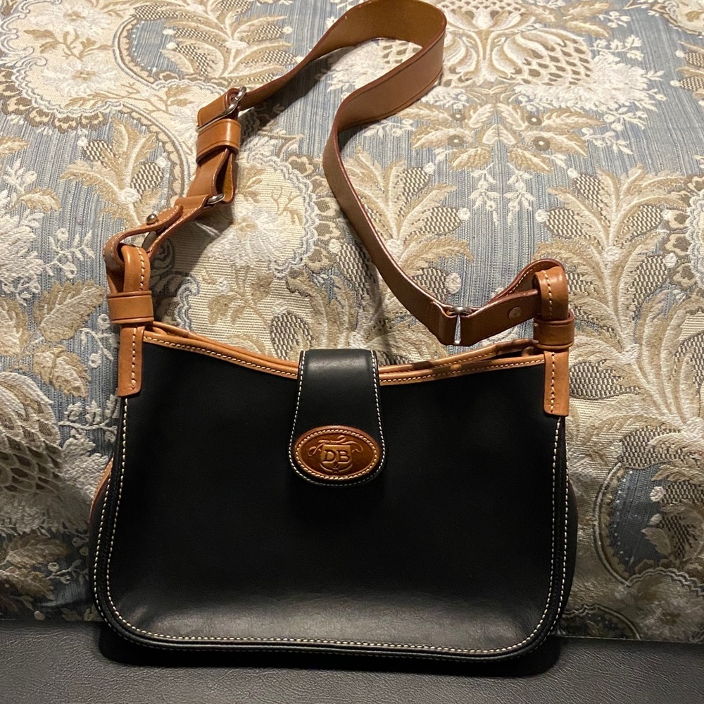 Dooney & Bourke Black and Tan Leather Crossbody Saddle Bag